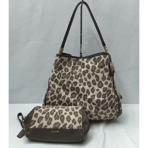 Coach Madison Phoebe Brown Canvas Leopard Printed Shoulder Bag W/ Wallet